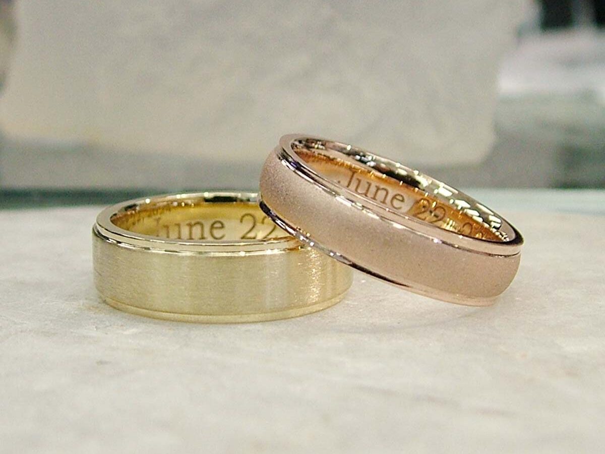 Personalized wedding ring with engraved special dates and phrases.